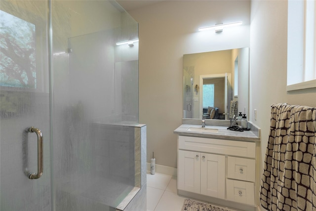 bathroom featuring tile patterned floors, vanity, a shower stall, and a healthy amount of sunlight