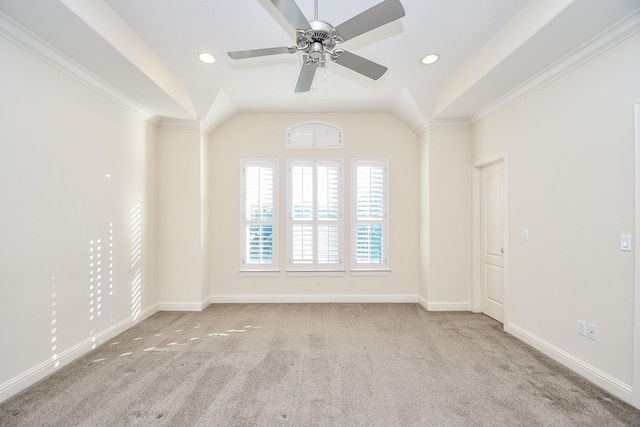 carpeted spare room with ceiling fan, recessed lighting, vaulted ceiling, and baseboards