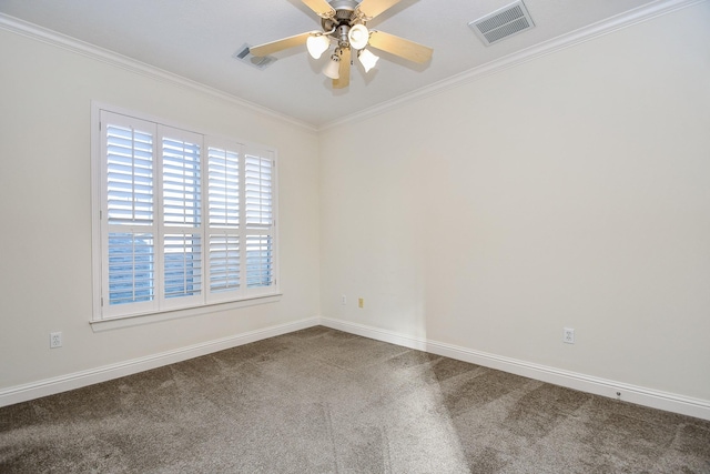 unfurnished room with visible vents, a ceiling fan, crown molding, and carpet flooring