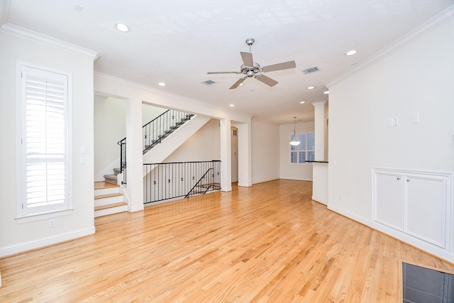 unfurnished living room with recessed lighting, ceiling fan, light wood-style floors, and crown molding