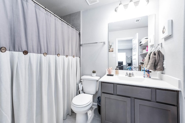 full bath featuring visible vents, toilet, connected bathroom, and vanity