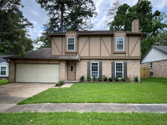 view of front facade featuring a chimney, stucco siding, driveway, a front lawn, and an attached garage