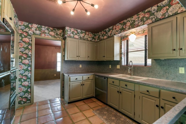kitchen with wallpapered walls, a sink, and dishwasher