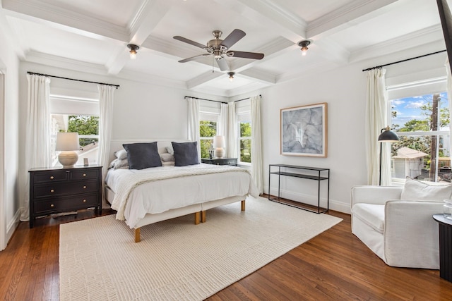 1202 Ashland St, Houston, TX 77008 - bedroom with coffered ceiling, multiple windows, dark wood-style flooring, beam ceiling, and crown molding