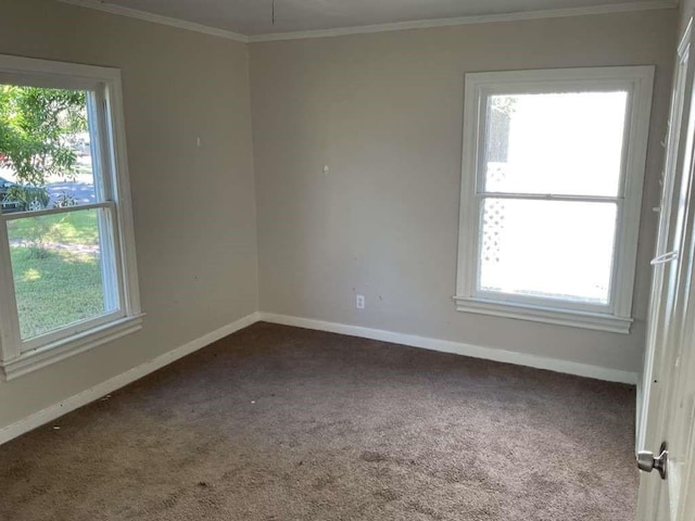 empty room with crown molding, carpet flooring, and baseboards