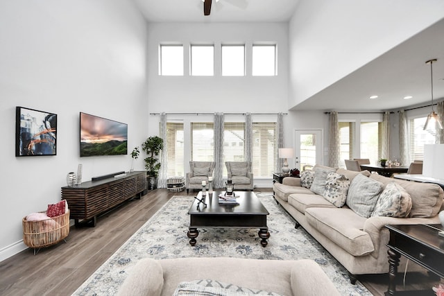 2242 Bayleaf Manor Dr, Manvel, TX 77578 - living area featuring plenty of natural light, baseboards, a high ceiling, and wood finished floors