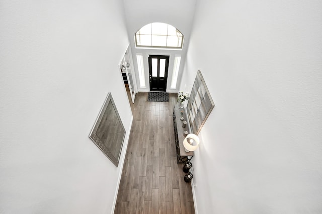 2242 Bayleaf Manor Dr, Manvel, TX 77578 - entryway featuring baseboards, a towering ceiling, and wood finished floors