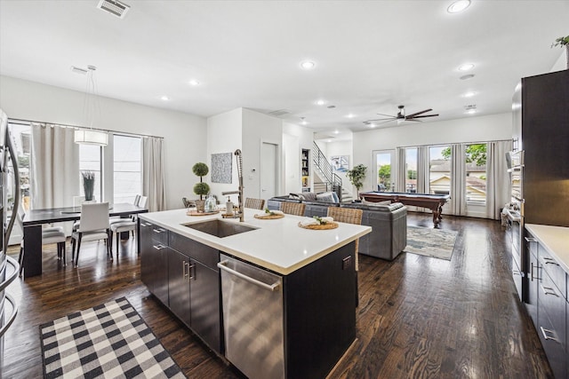 kitchen with a sink, appliances with stainless steel finishes, visible vents, recessed lighting, and pool table