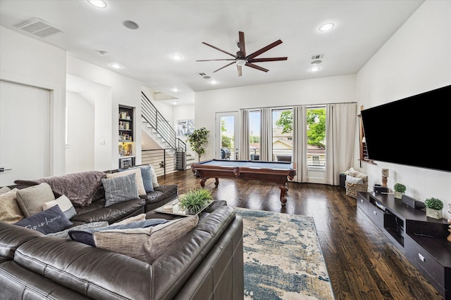 living room featuring visible vents, stairway, ceiling fan, and pool table