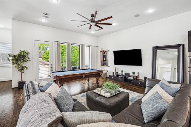 game room with recessed lighting, ceiling fan, visible vents, pool table, and wood finished floors
