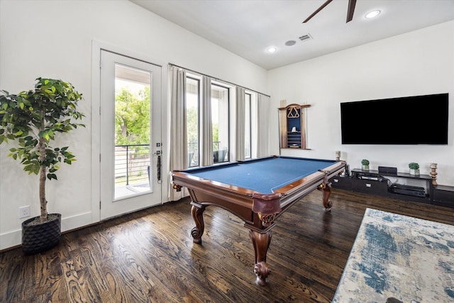 rec room featuring recessed lighting, wood finished floors, pool table, visible vents, and a ceiling fan