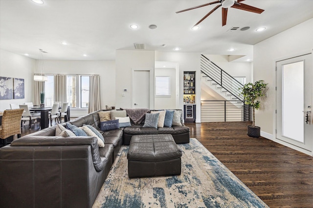 1505 Detering St, Houston, TX 77007 - living room featuring ceiling fan, wood finished floors, stairway, and recessed lighting