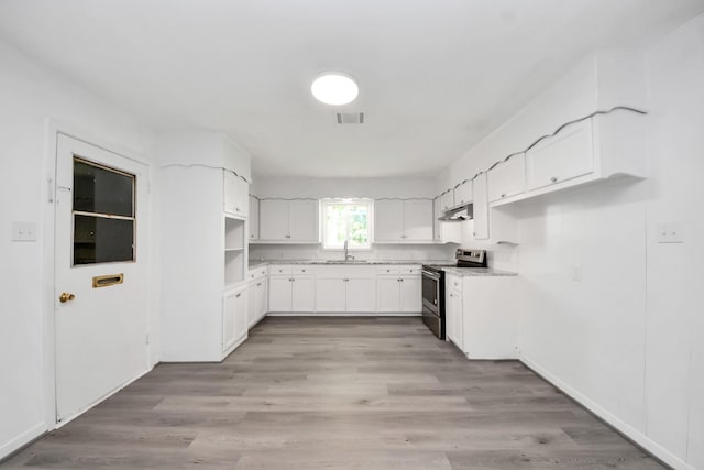 206 Hill St, Dayton, TX 77535 - kitchen with white cabinetry, a sink, visible vents, stainless steel electric stove, and under cabinet range hood