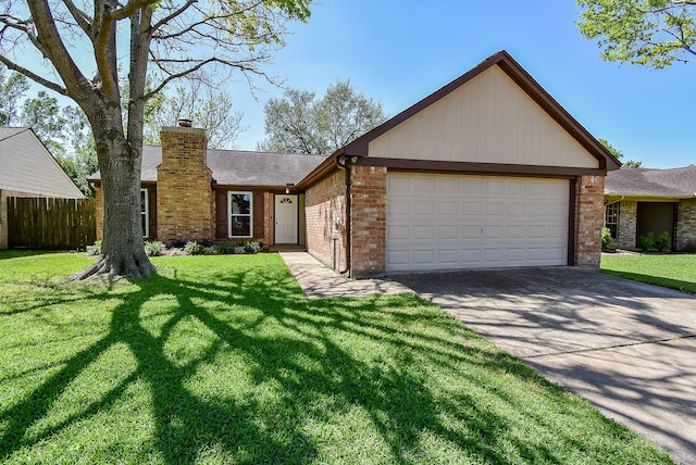 single story home featuring a chimney, brick siding, fence, concrete driveway, and an attached garage
