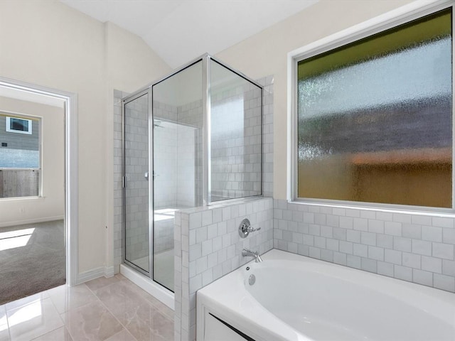 4203 Chloe Ridge Ln, Fulshear, TX 77441 - full bathroom featuring baseboards, a stall shower, a bath, and vaulted ceiling