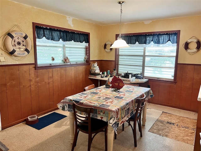 dining room with wainscoting and wood walls
