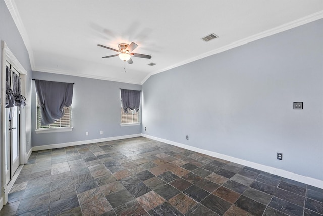 254 Debbie Ln, Dickinson, TX 77539 - empty room with baseboards, crown molding, stone tile floors, and a ceiling fan