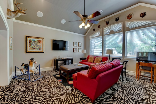 13906 Saint Marys Ln, Houston, TX 77079 - carpeted living area featuring lofted ceiling, baseboards, ceiling fan, and crown molding