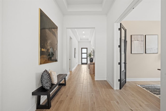 4623 Bridgewood Dr, Spring, TX 77386 - hallway with a tray ceiling, light wood finished floors, and baseboards