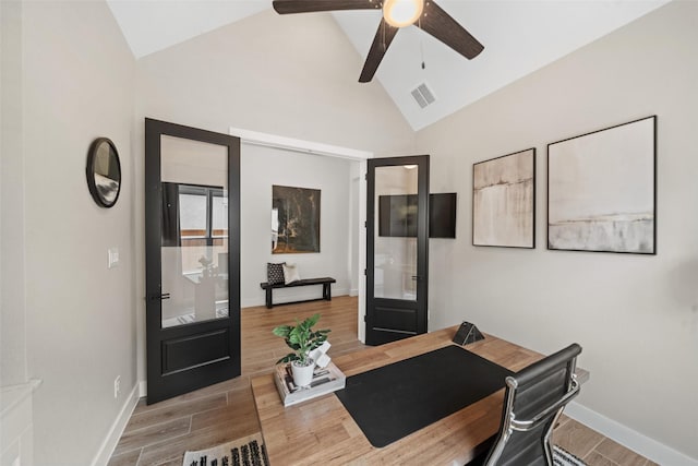 4623 Bridgewood Dr, Spring, TX 77386 - home office with ceiling fan, high vaulted ceiling, wood finished floors, and baseboards