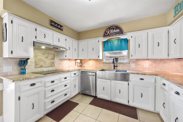 kitchen with dishwasher, a sink, white cabinets, black electric stovetop, and under cabinet range hood