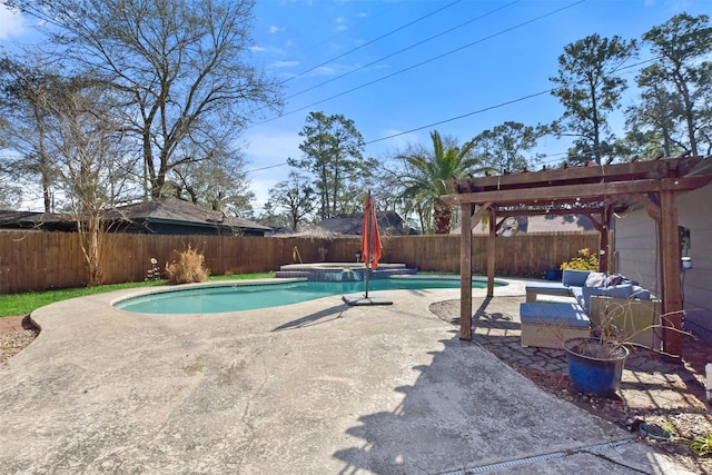 view of swimming pool featuring a fenced backyard, an in ground hot tub, a patio area, and a pergola