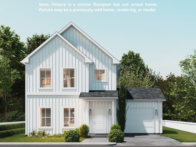 modern farmhouse style home featuring an attached garage, board and batten siding, and roof with shingles