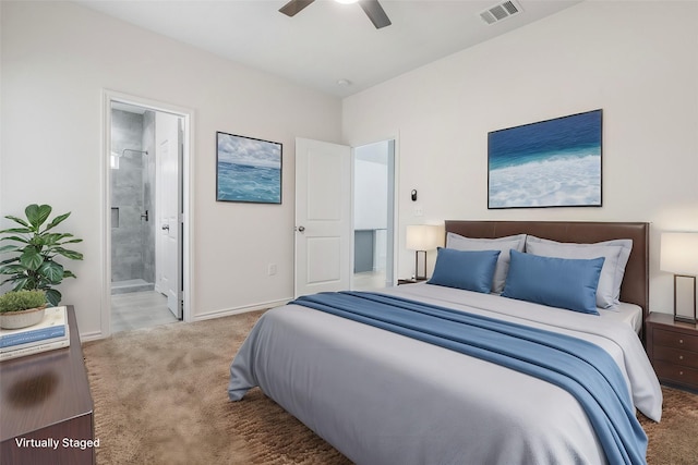 bedroom featuring baseboards, visible vents, carpet, ceiling fan, and ensuite bath