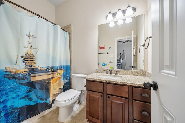 full bath featuring curtained shower, toilet, vanity, a ceiling fan, and tile patterned flooring