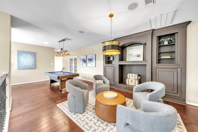 recreation room featuring pool table, baseboards, wood-type flooring, and visible vents
