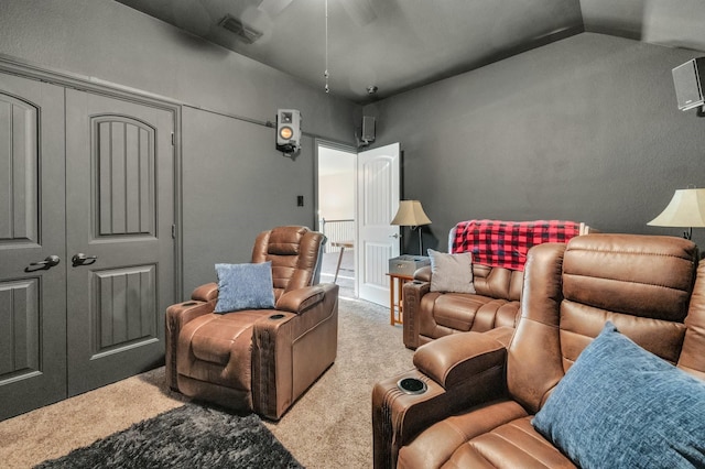717 Willowbranch Ln, Midlothian, TX 76065 - home theater room featuring carpet floors, a ceiling fan, lofted ceiling, and visible vents
