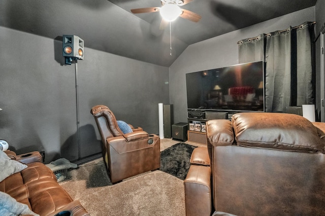 717 Willowbranch Ln, Midlothian, TX 76065 - home theater room with carpet floors, ceiling fan, and lofted ceiling