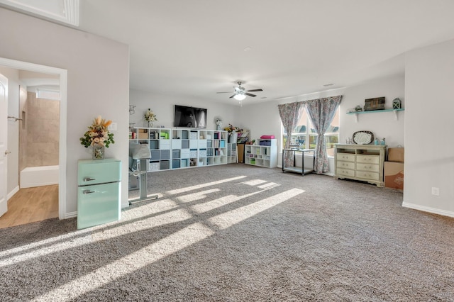 717 Willowbranch Ln, Midlothian, TX 76065 - recreation room featuring baseboards, carpet flooring, and ceiling fan