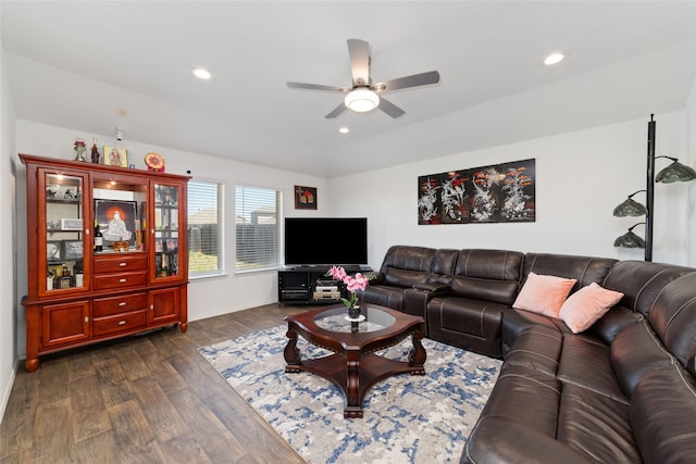 living room with a ceiling fan, baseboards, dark wood-style floors, and recessed lighting