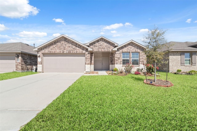 ranch-style house featuring a front yard, concrete driveway, a garage, and brick siding
