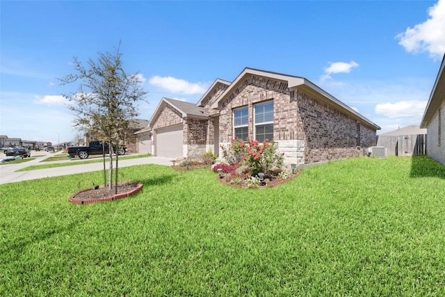 view of front facade featuring central AC, concrete driveway, a front yard, and brick siding