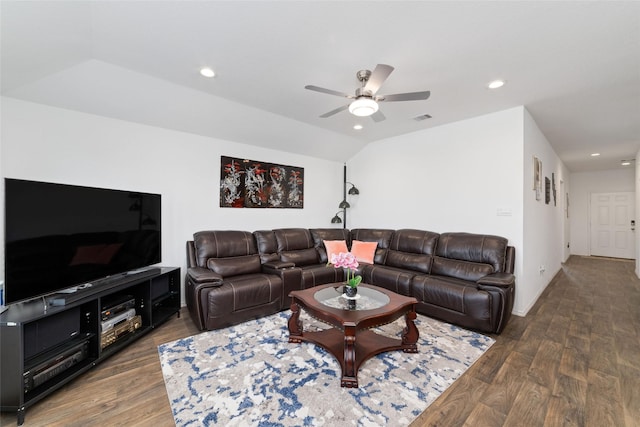 living room with recessed lighting, wood finished floors, vaulted ceiling, visible vents, and a ceiling fan