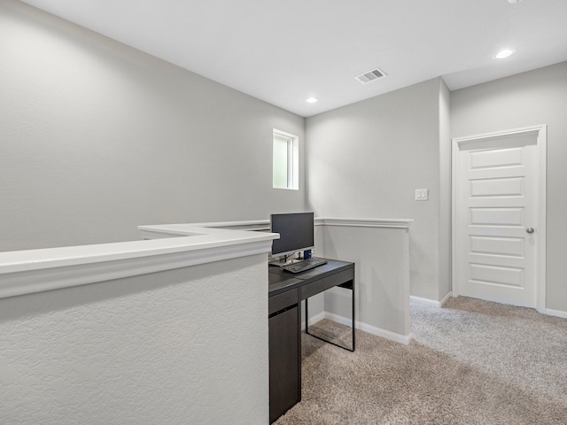 carpeted office featuring visible vents, recessed lighting, and baseboards