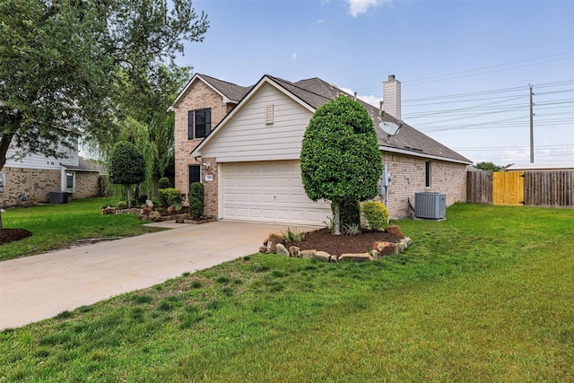1918 N Everglades Dr, Deer Park, TX 77536 - view of home's exterior with brick siding, central AC, a chimney, concrete driveway, and fence