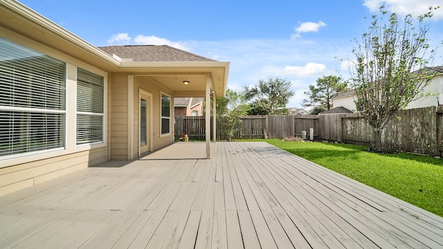deck with a lawn and a fenced backyard