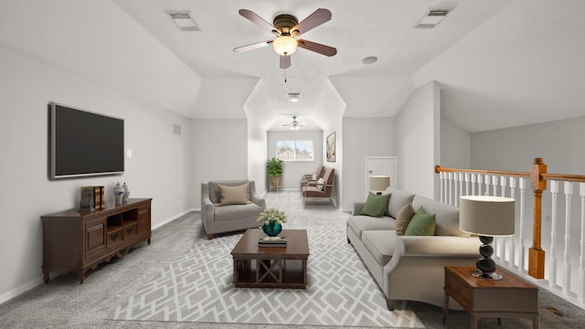 interior space with visible vents, ceiling fan, and light colored carpet