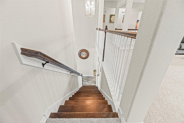 20535 Kohle Springs Ln, Cypress, TX 77433 - stairway featuring a chandelier