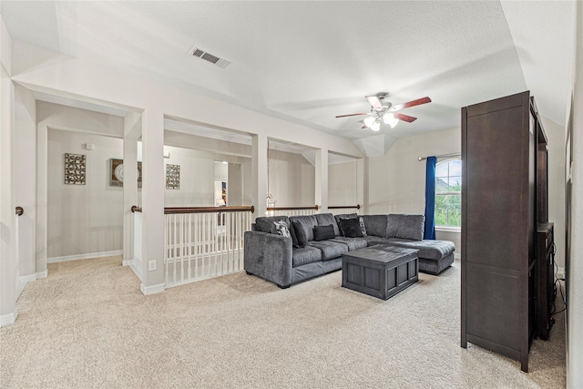 20535 Kohle Springs Ln, Cypress, TX 77433 - living room with a ceiling fan, visible vents, light colored carpet, and baseboards