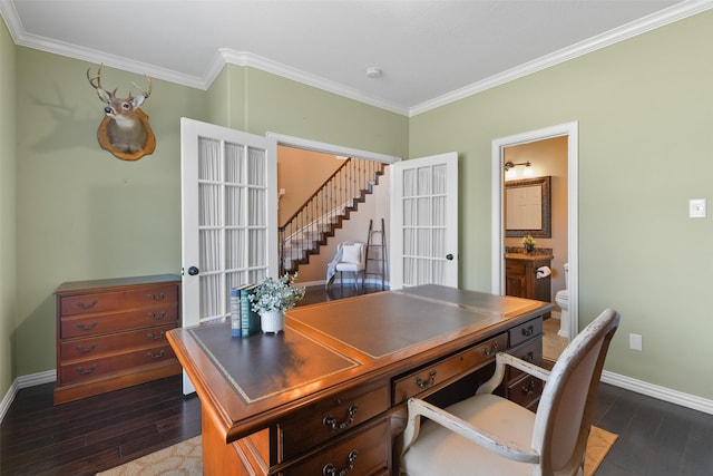 office space featuring crown molding, baseboards, french doors, and dark wood-type flooring