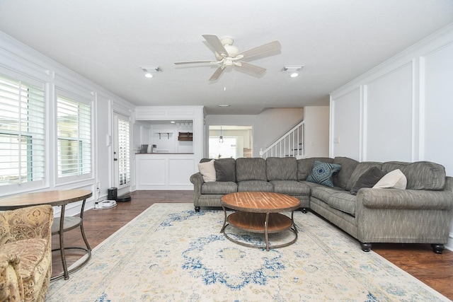 14619 Rosehill Dr, Houston, TX 77070 - living room featuring dark wood finished floors, ceiling fan, stairs, and recessed lighting
