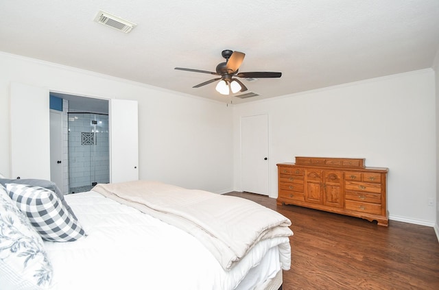 14619 Rosehill Dr, Houston, TX 77070 - bedroom featuring crown molding, dark wood-type flooring, a ceiling fan, and baseboards
