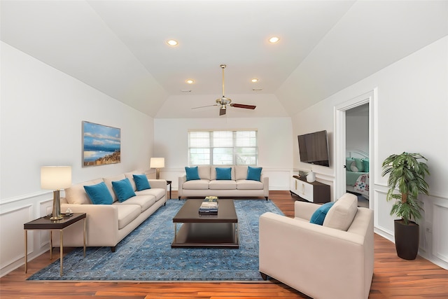 14619 Rosehill Dr, Houston, TX 77070 - living room featuring ceiling fan, lofted ceiling, a wainscoted wall, wood finished floors, and a decorative wall