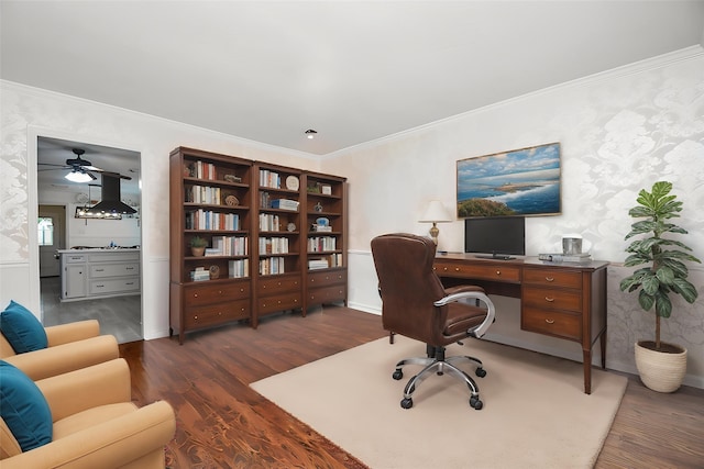 14619 Rosehill Dr, Houston, TX 77070 - office space with wood finished floors, crown molding, a ceiling fan, and baseboards