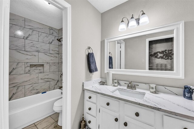 full bathroom with toilet, vanity, bathtub / shower combination, and marble finish floor