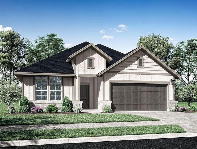 view of front facade with brick siding, a shingled roof, driveway, and an attached garage